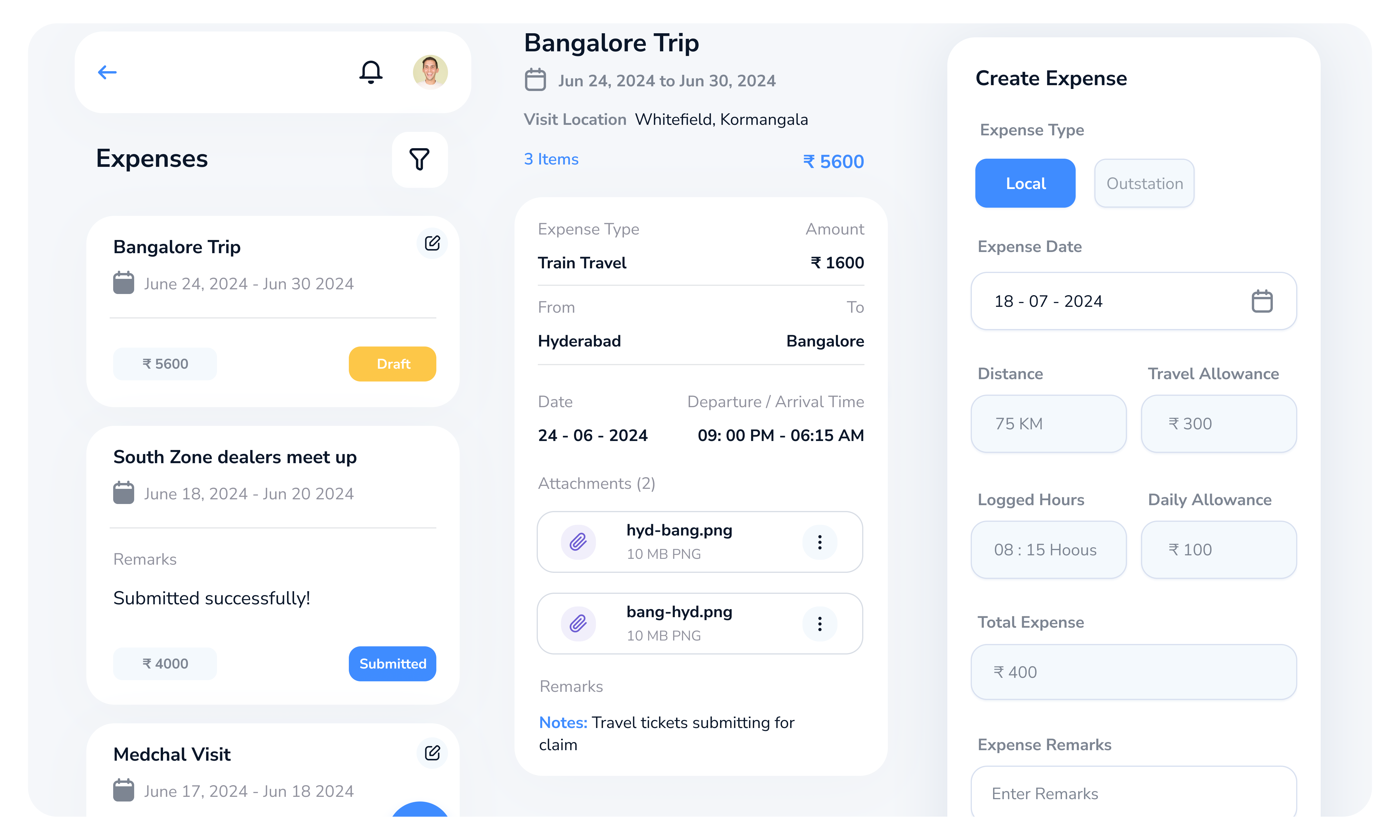 Expense recording screen showing instant reimbursement submission