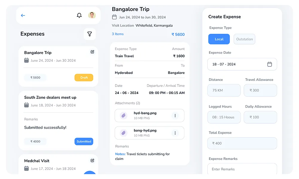 Expense recording screen showing instant reimbursement submission