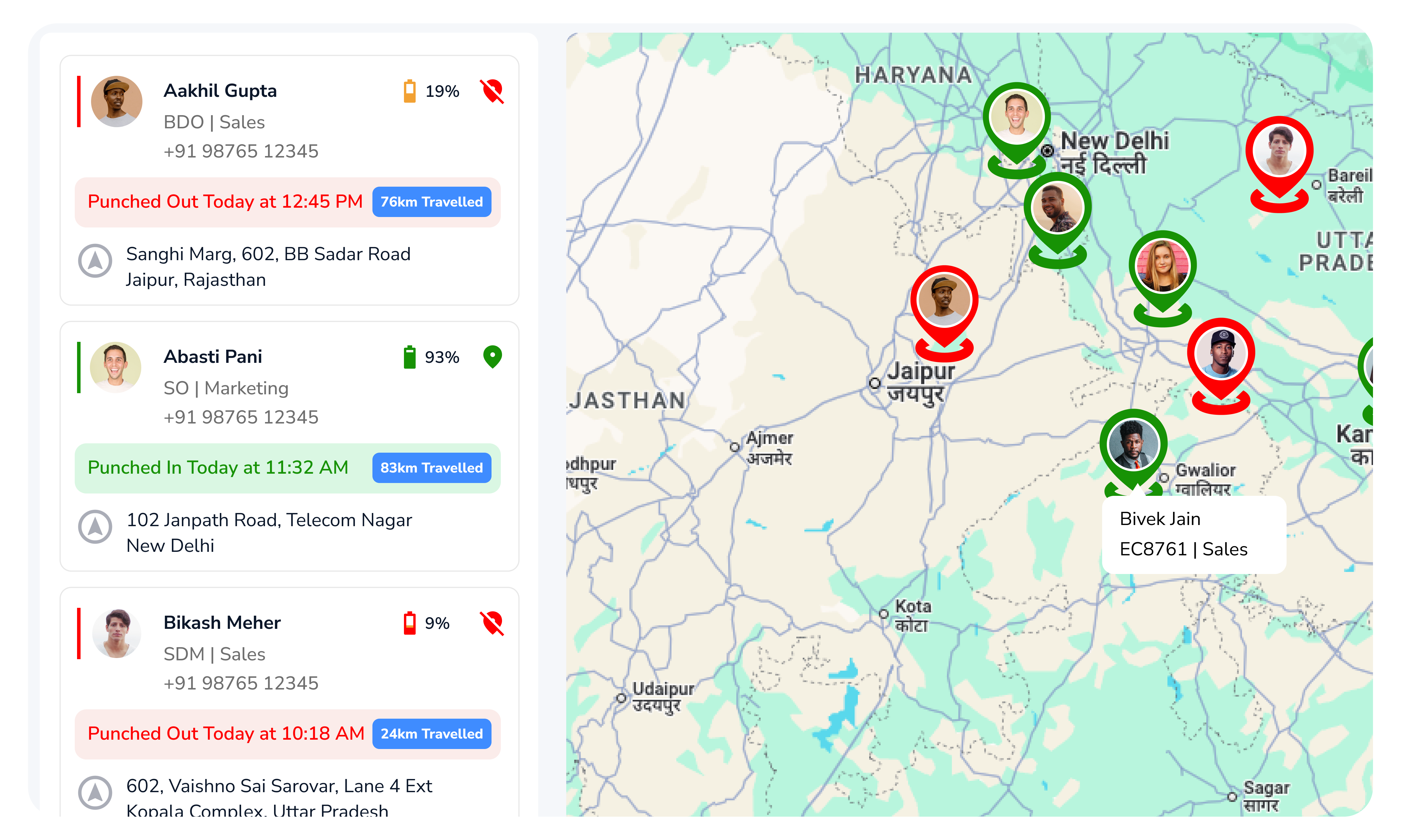 Live GPS tracking dashboard showing real-time field team locations