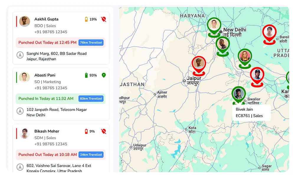 Live GPS tracking dashboard showing real-time field team locations