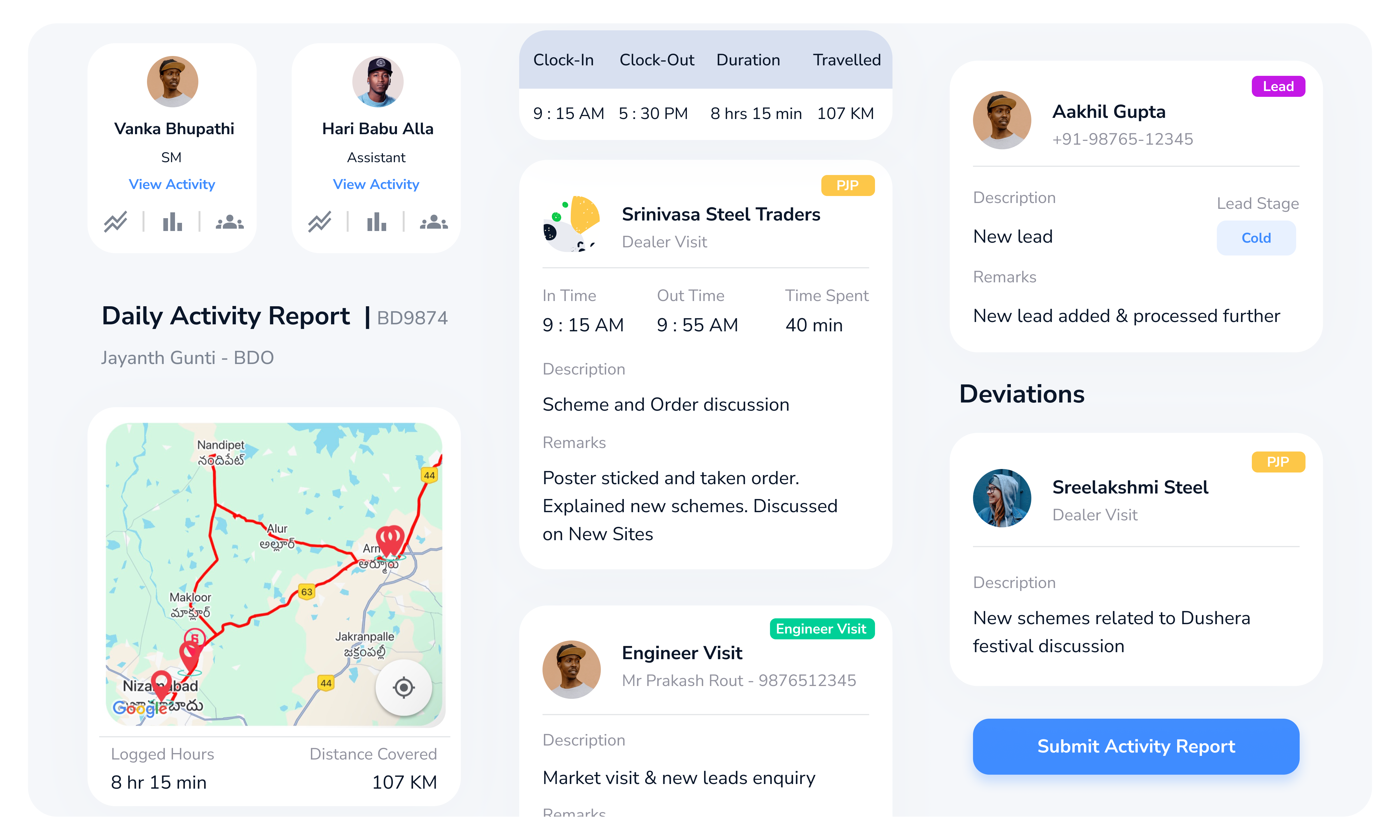 Daily activity report showing automated field team workday summary
