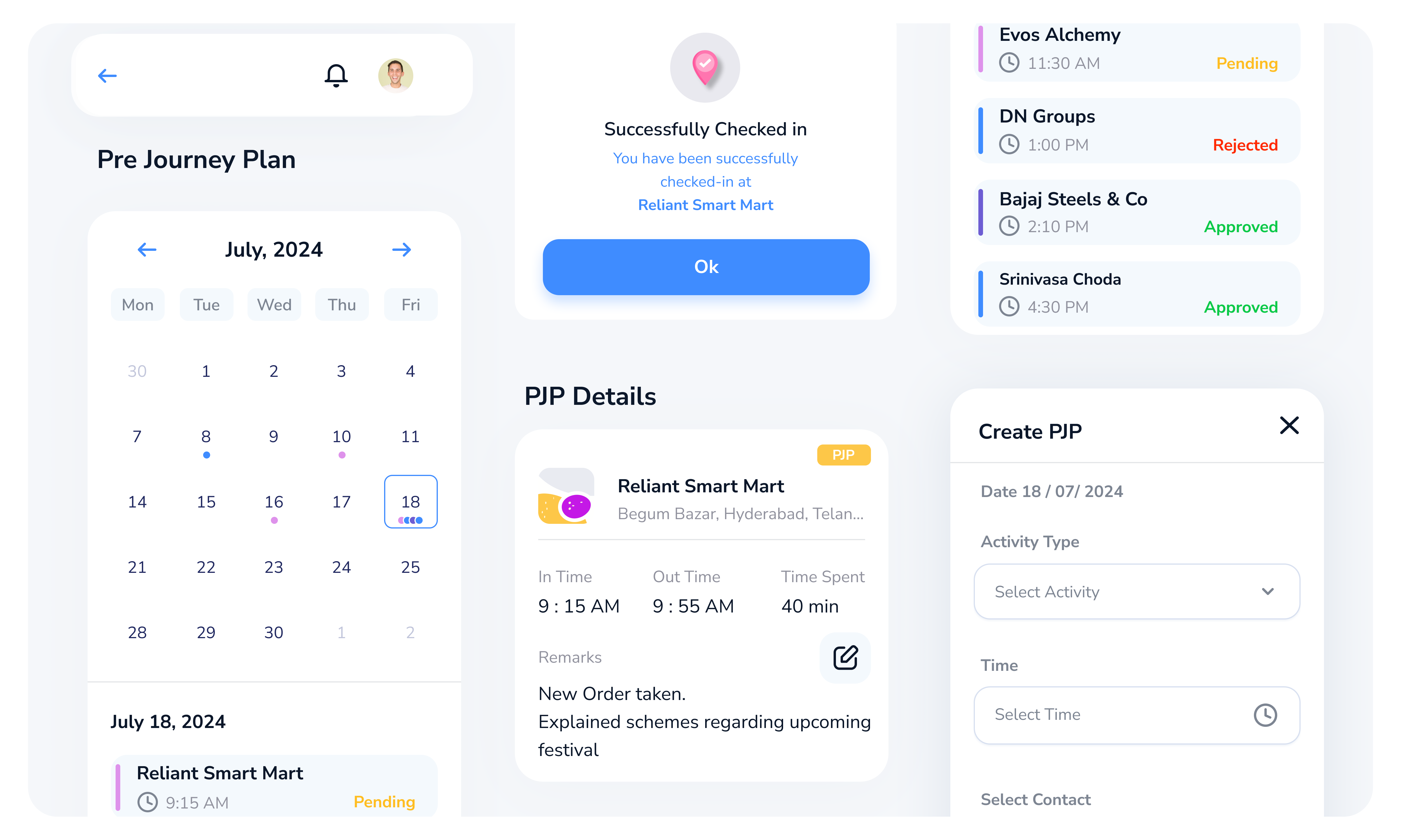 Pre-journey plan showing verified client visit check-ins on a map