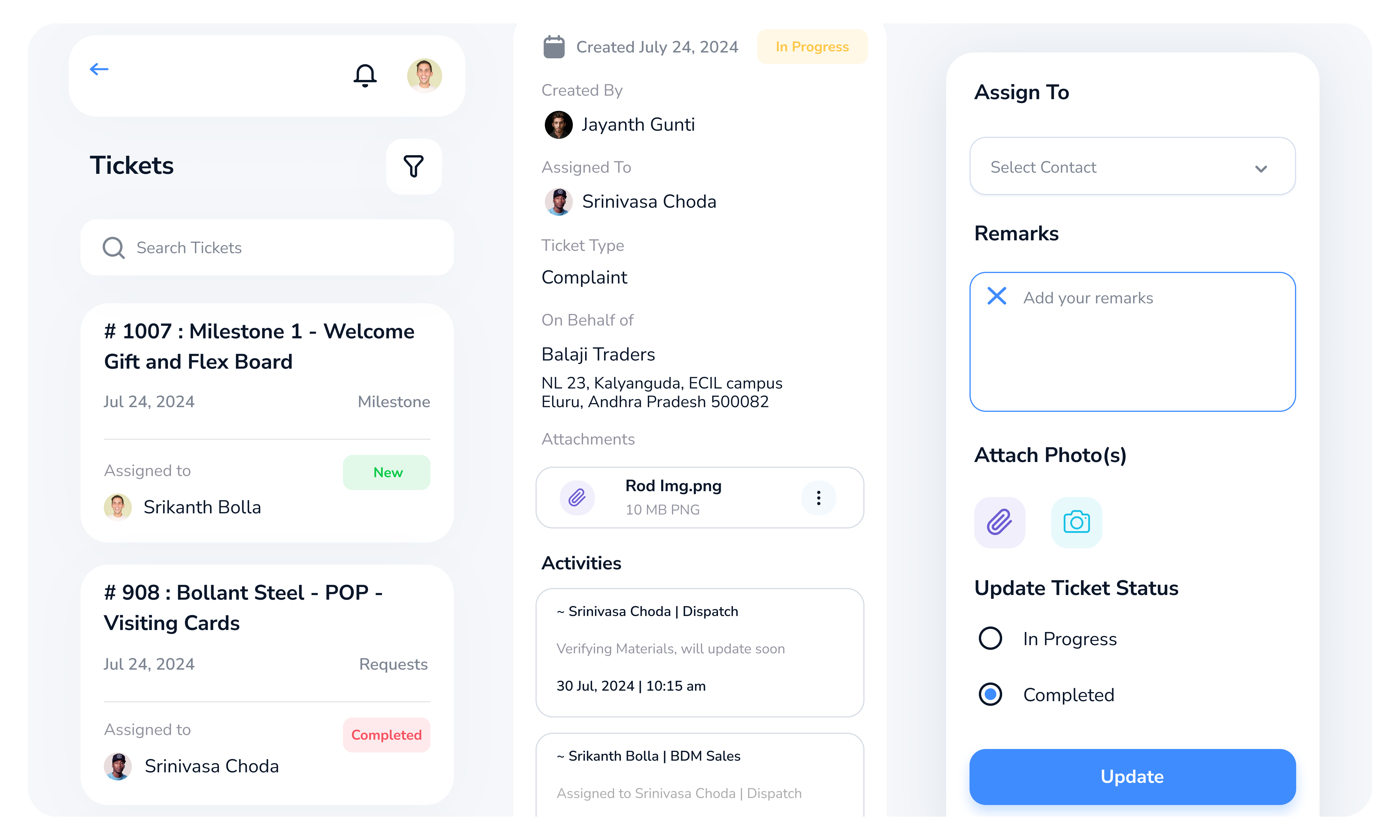 Customer support ticket management screen for field teams