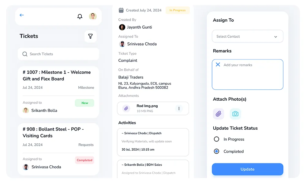 Customer support ticket management screen for field teams